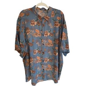Atlani mens Bold Floral Print Short Sleeve Button Up Shirt XXXL Blue Brown Roses